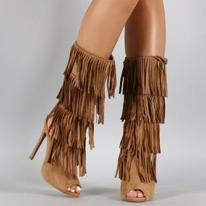 Suede Fringe Peep Toe Heeled Boots